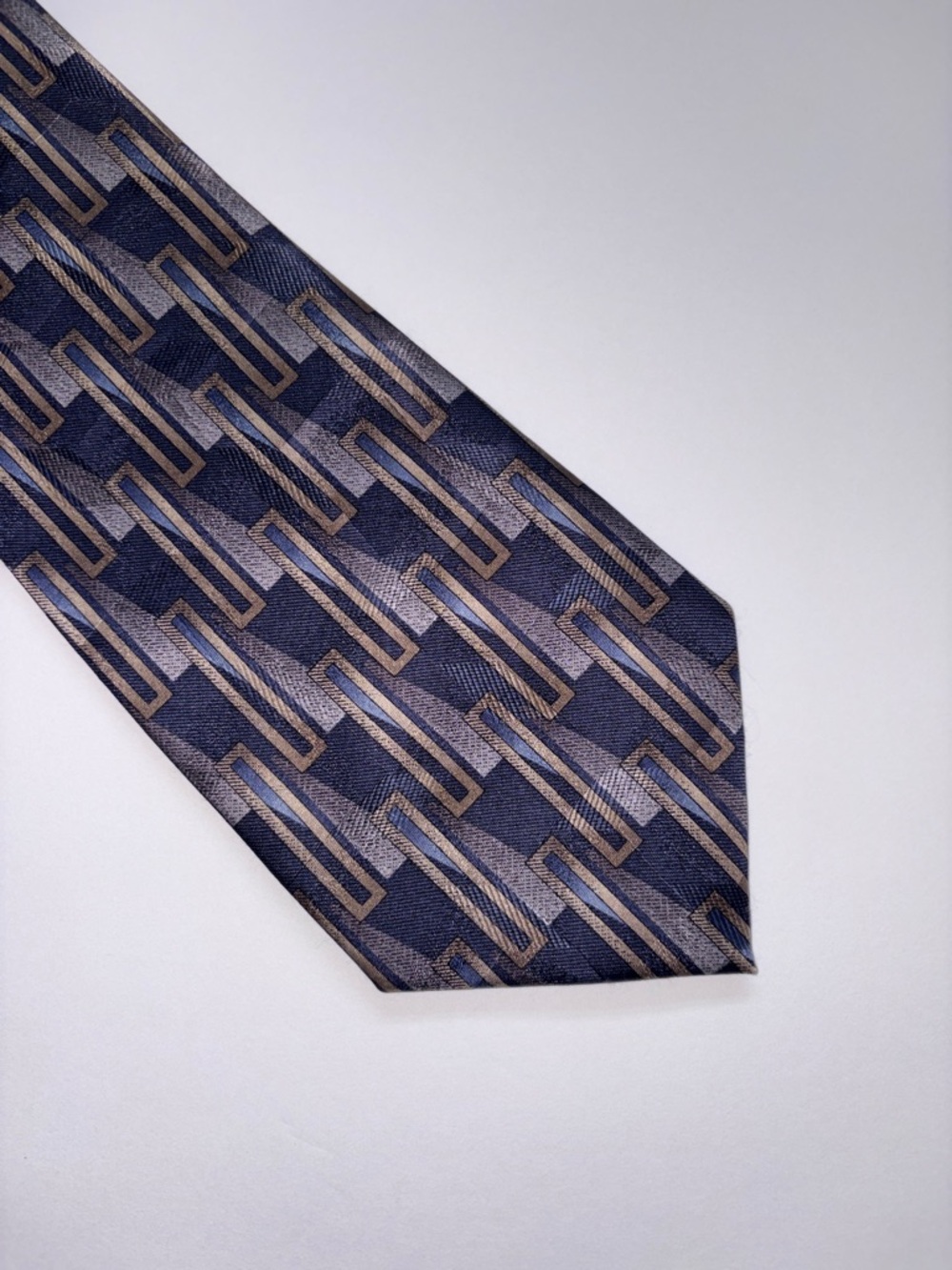 Mario Ferrari Silk Tie 4" Wide Navy Taupe Silver Gray Geometric Vintage